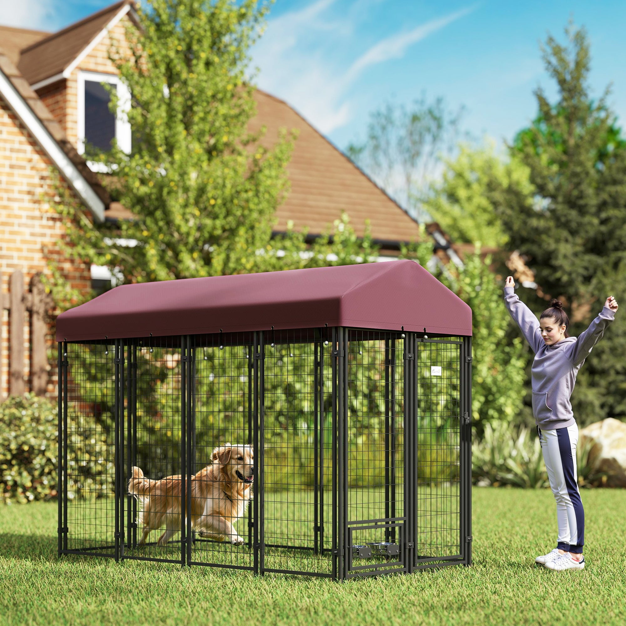 Outdoor Dog Kennel with Rotating Bowl Holders