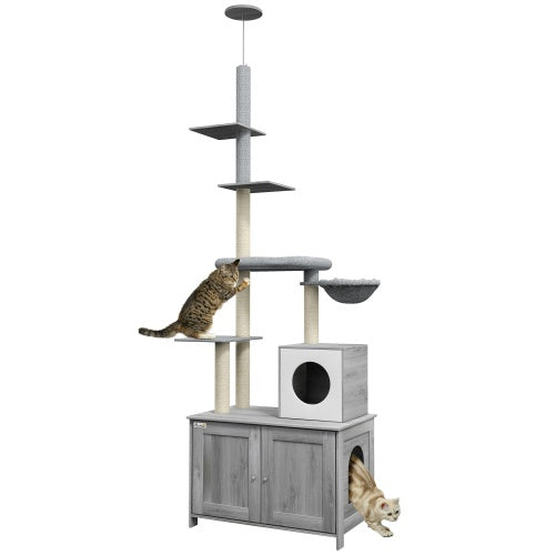 2-in-1 Floor-to-Ceiling Cat Tower with Hidden Litter Box Enclosure