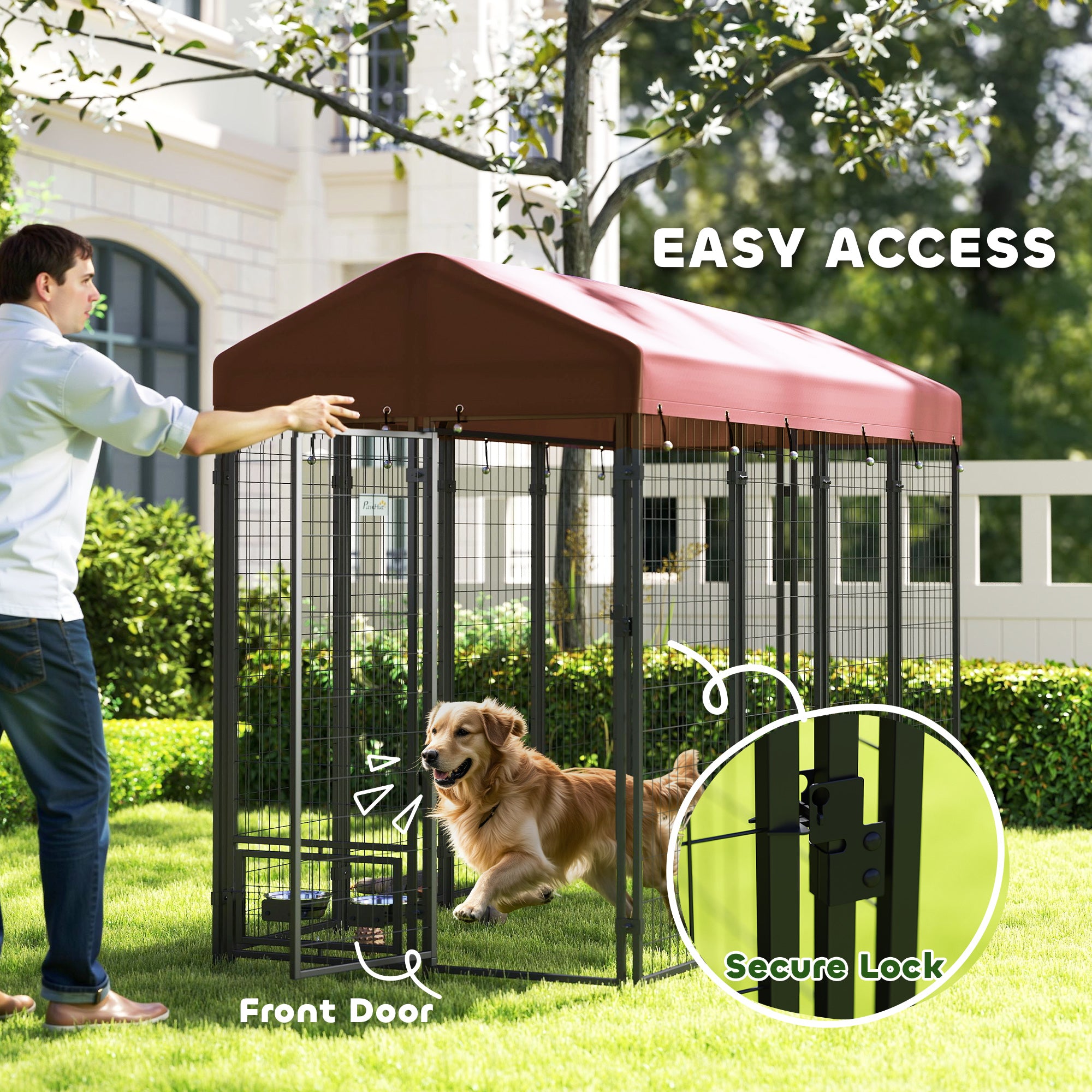 Outdoor Dog Kennel with Rotating Bowl Holders