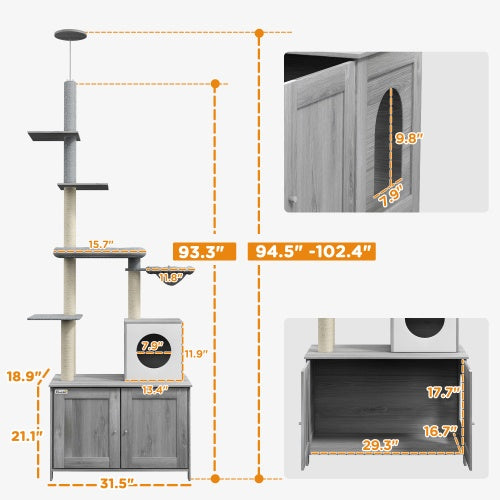 2-in-1 Floor-to-Ceiling Cat Tower with Hidden Litter Box Enclosure