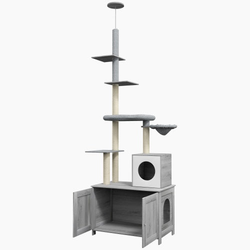 2-in-1 Floor-to-Ceiling Cat Tower with Hidden Litter Box Enclosure
