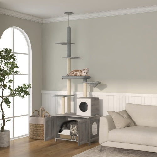 2-in-1 Floor-to-Ceiling Cat Tower with Hidden Litter Box Enclosure