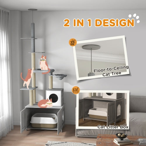 2-in-1 Floor-to-Ceiling Cat Tower with Hidden Litter Box Enclosure