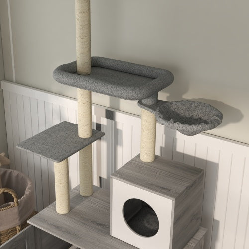 2-in-1 Floor-to-Ceiling Cat Tower with Hidden Litter Box Enclosure